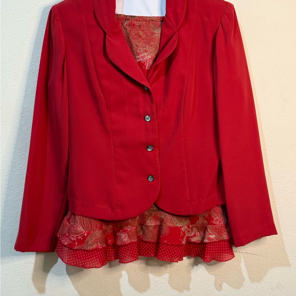Vibrant Red Blazer with Ruffle Hem and Notched Lapel